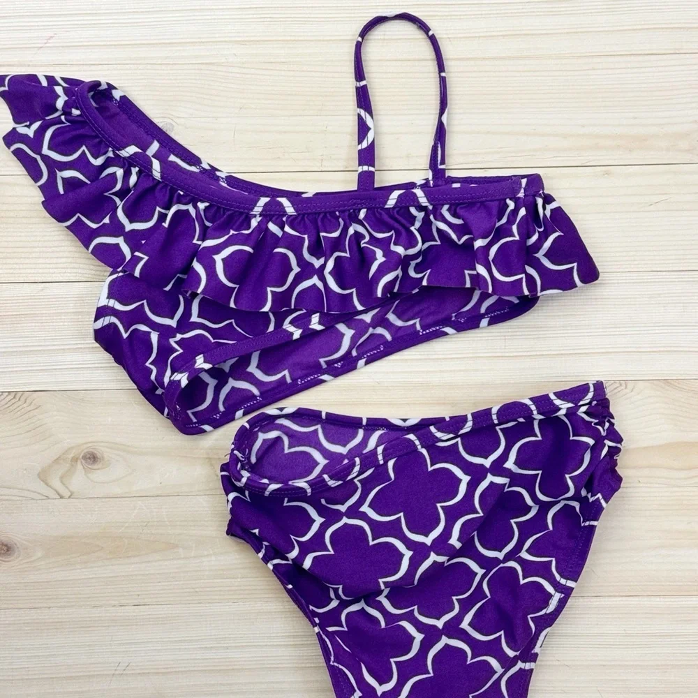 Old Navy Purple Geometric Bikini Set Girls 2T Ruffle Swimwear Beach Pool